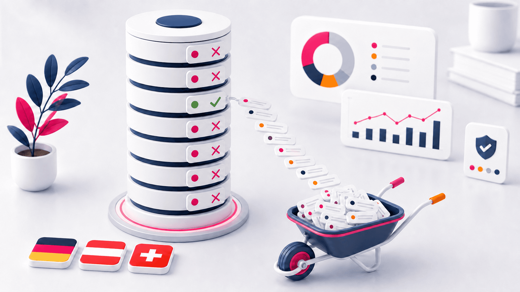 Illustration einer deutschen Keyword-Datenbank mit Metrik-Karten und DACH-Signalen