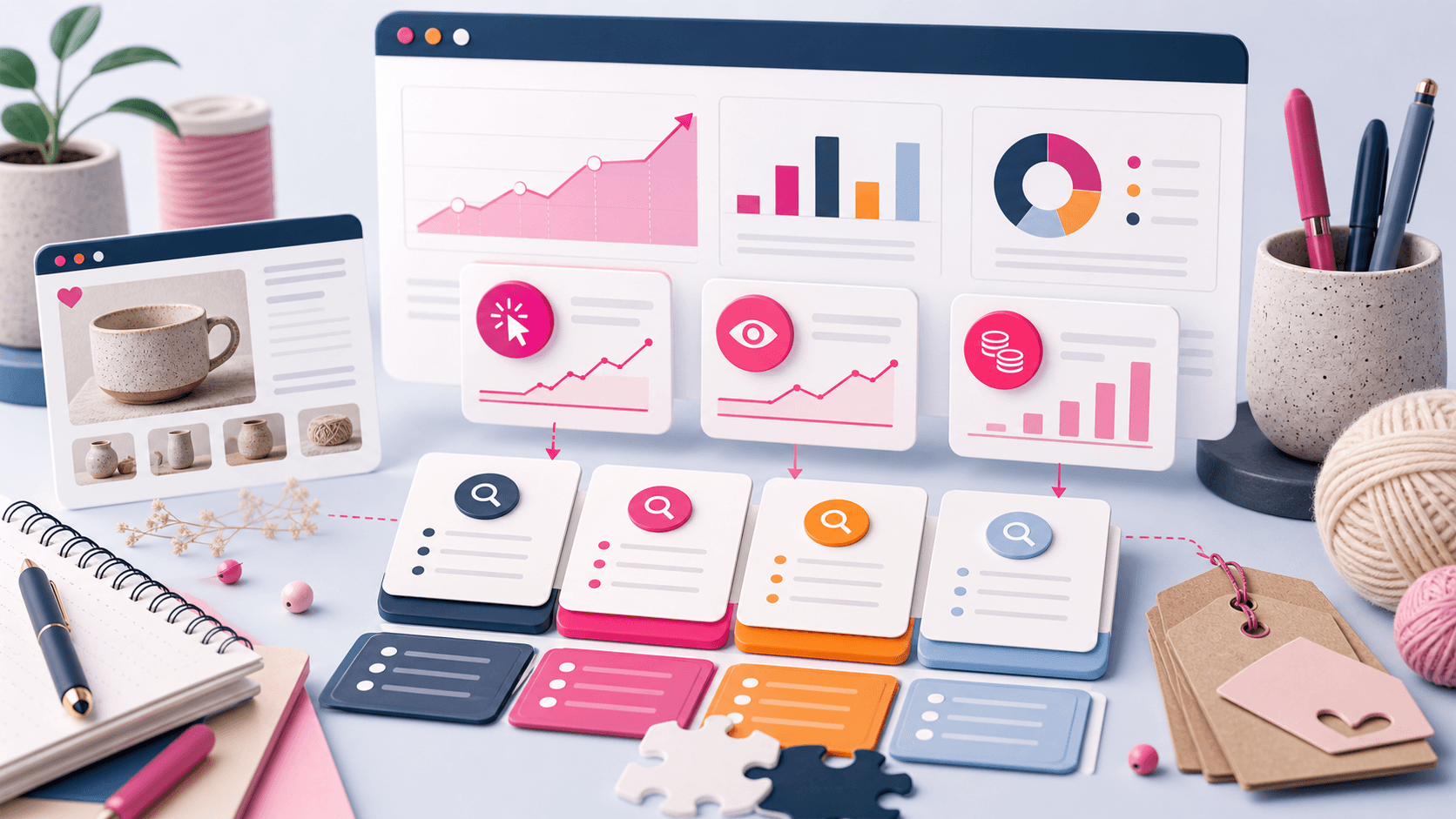 Illustration eines Werbe-Dashboards mit Keyword-Karten, Klickdaten und Handmade-Produkten