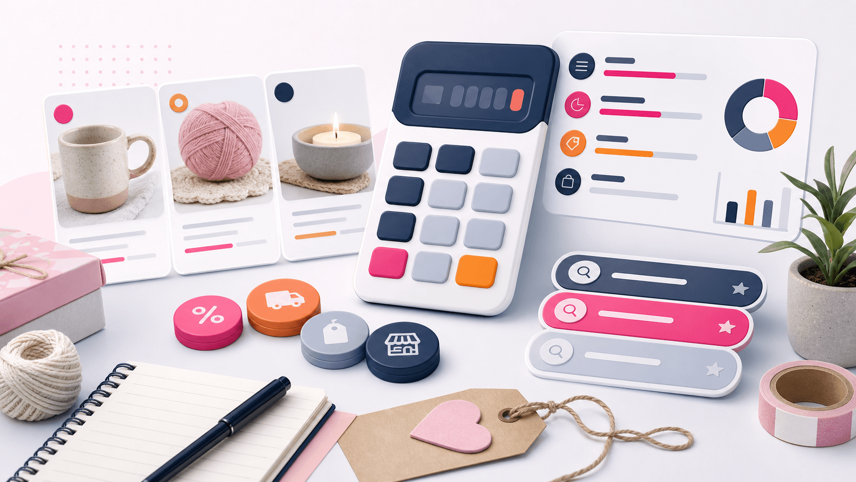 Illustration eines Etsy-Gebühren-Rechners mit Produktkarten, Keyword-Tags und Margen-Dashboard