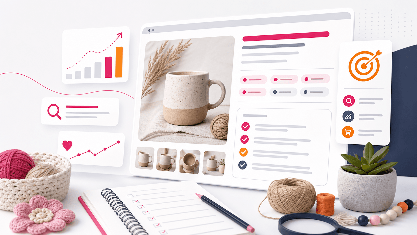 Illustration einer optimierten Etsy-Listing-Oberflaeche mit Tags und Checkliste
