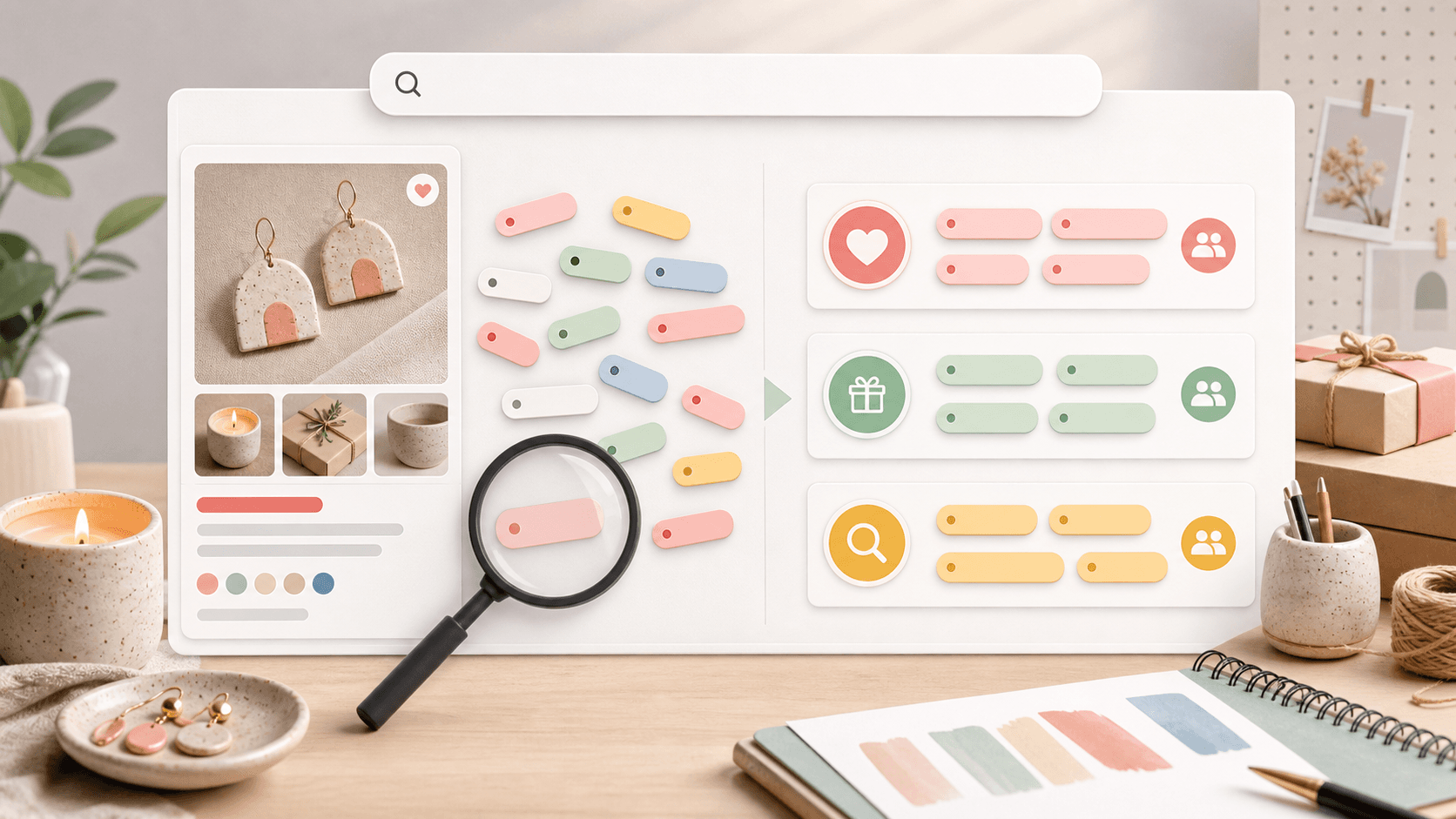 Illustration zu Etsy SEO, Suchintention, einzelnen Tags und gruppierten Keyword-Signalen