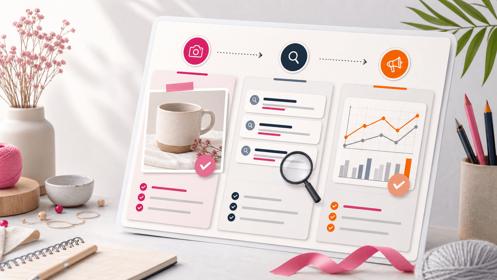 Illustration eines Etsy-Shop-Audits mit Produktbild, Keywords und Werbedaten