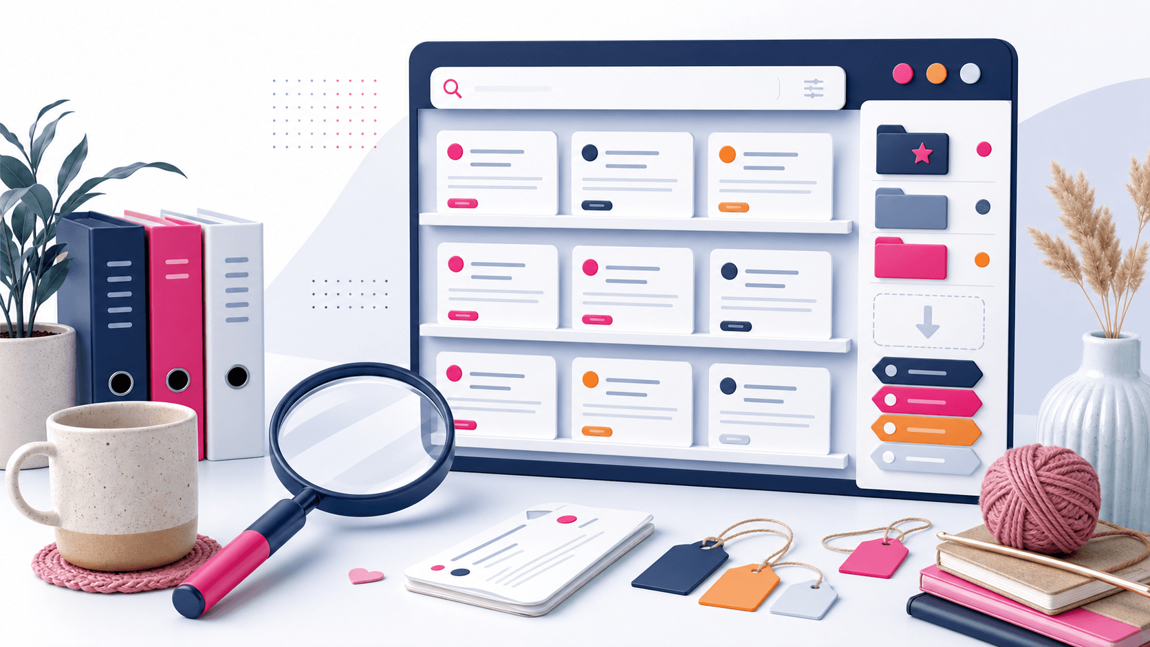 Illustration einer Keyword-Datenbank mit gespeicherten Keyword-Karten, Ordnern und Suchlupe