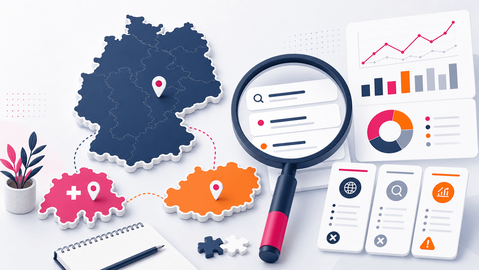 Illustration einer DACH-Keyword-Recherche mit Lupe, Datenkarten und Marktanalyse