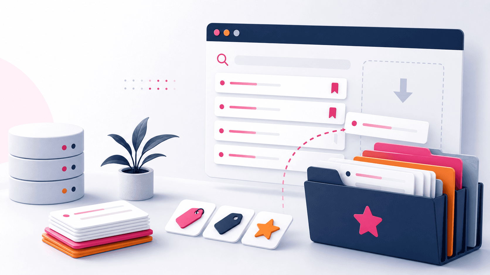 Illustration eines Keyword-Managers mit gespeicherten Karten, Ordnern und Presets