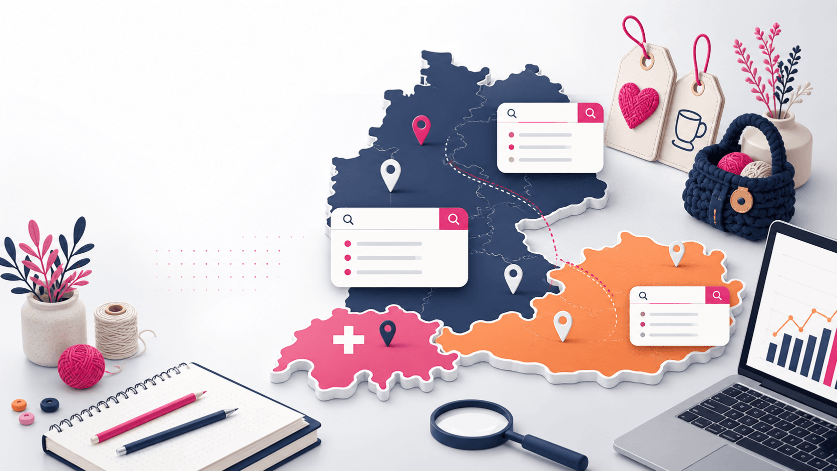 Illustration einer DACH-Karte mit Keyword-Suche und Handmade-Produktdetails