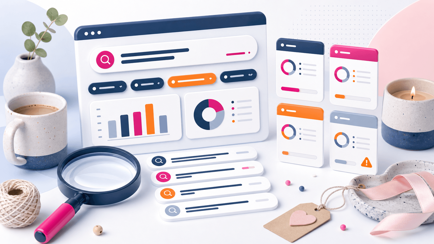 Illustration eines kostenlosen Keyword-Recherche-Tools mit Suchleiste, Datenkarten und Handmade-Produkten