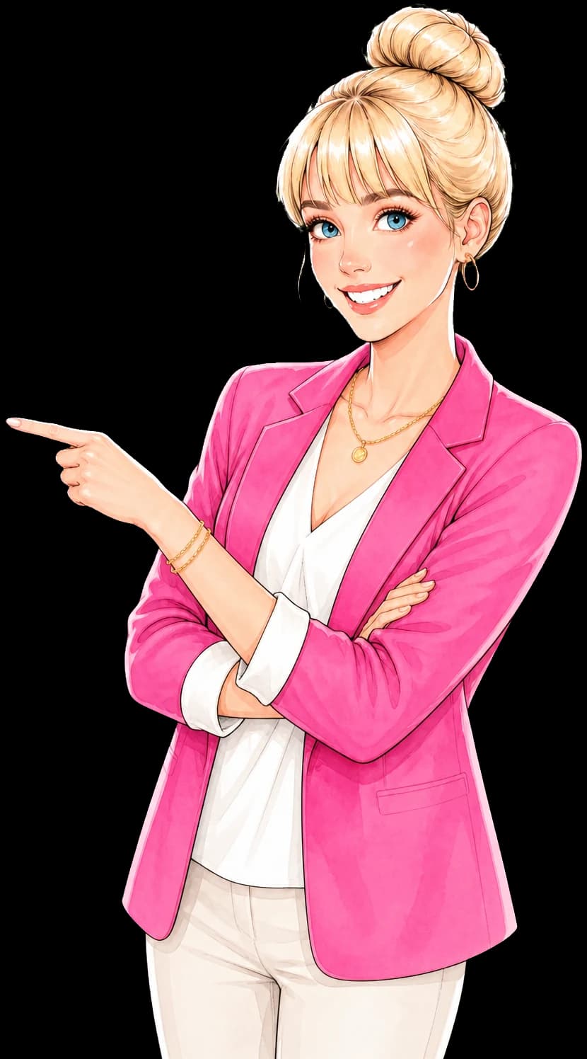 Illustration von Roxi Schlosser: blonde Frau mit Dutt und pinkem Blazer, die lächelnd zur Seite zeigt